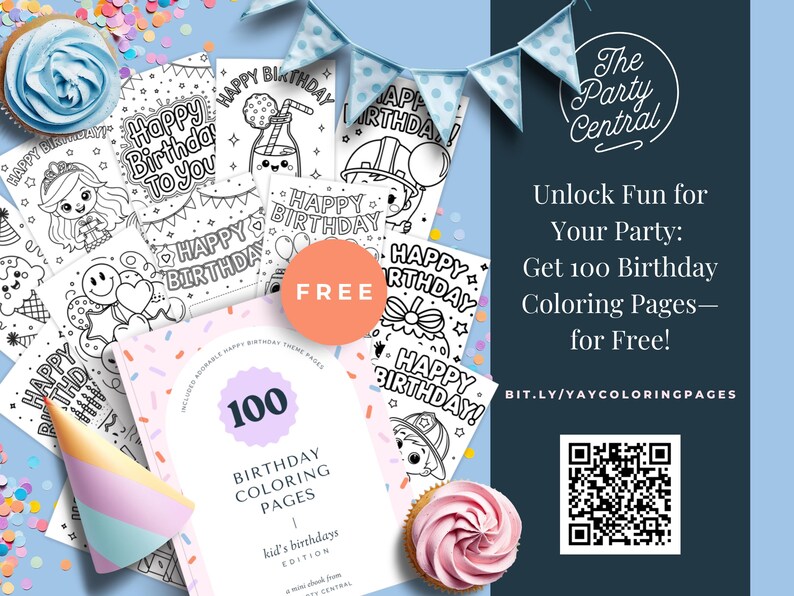 May include: A colorful image with a collection of 100 birthday coloring pages for kids. The image features a variety of birthday-themed illustrations, including cakes, balloons, and presents. The text "100 Birthday Coloring Pages" is displayed on a pink and white book with a confetti design. The text "kid's birthdays edition" is also displayed on the book. The image also includes a QR code and the text "Unlock Fun for Your Party: Get 100 Birthday Coloring Pages - for Free!"