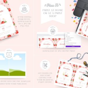 May include: A pink invitation with a strawberry pattern, featuring the name "Amelia" and the number "1". Instructions on how to download, print, and cut the invitation are also shown.