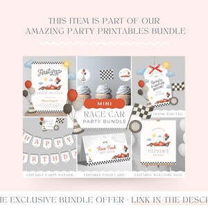 May include: A collection of printable party decorations with a race car theme. Includes invitations, cupcake toppers, banners, and welcome signs. The text includes "First Lap", "Happy Birthday", and "Oliver's Birthday".