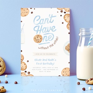 Twins First Birthday Cookie And Milk, Can&#39;t Have One Without The Other Invitation, Twin Boys 1st Party Invite, EDITABLE Canva Template 003