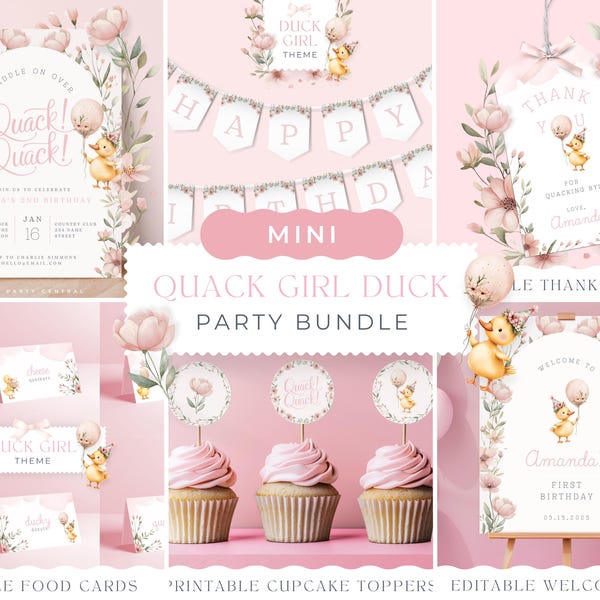 Duck Girl Birthday BUNDLE, Lucky Duck Invitation, Sign, Banner, Toppers, Thank You Tag, Pink Party Decor Kit, EDITABLE Canva Templates 015
