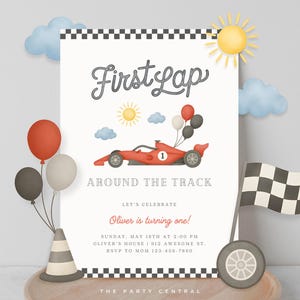 First Lap Around The Track Birthday Invitation, Formula One Race Car Invite for Boys, 1 Year Old Party Decor, EDITABLE Template Canva 026
