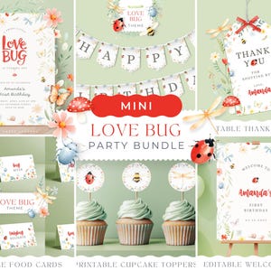 Puede incluir: Un paquete de fiesta imprimible con temática de mariquita. El paquete incluye un cartel de bienvenida, tarjetas de comida, adornos para cupcakes y una etiqueta de agradecimiento. El diseño presenta mariquitas, mariposas, flores y una combinación de colores verde y blanco.