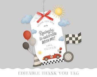 Race Car Thank You Tag, Two Fast 2 Curious Birthday Sticker, Red Retro Race Car Party Favor, Printable Label, EDITABLE Canva Template 026