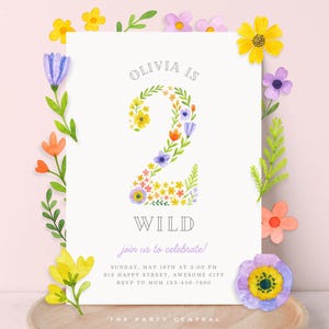 Convite com duas flores silvestres, convite de aniversário de 2 anos com flores silvestres, festa temática de segundo jardim, convite digital, modelo Canva EDITÁVEL 033