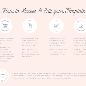 May include: A pink and white graphic with instructions on how to access and edit a template using Canva. The graphic includes icons for purchasing, opening, editing, and downloading the template. The text reads "How to Access & Edit your Template".