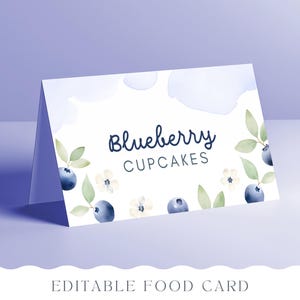 Carte de nourriture aux bleuets, carte de table avec nom d'invité, carte de tente de buffet, carte de placement, étiquettes de premier anniversaire de baies, modèle de toile MODIFIABLE 017
