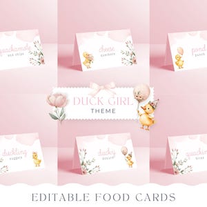 May include: Pink watercolor-style food cards with duckling illustrations. Each card features a different food item, such as guacamole and chips, cheese quackers, and pond punch. The cards are part of a "Duck Girl Theme" set.