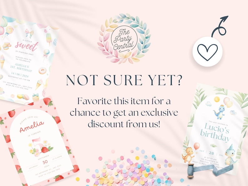 May include: Three printable birthday party invitations with watercolor designs. The first invitation features a sweet theme with a pink and white color scheme. The second invitation features a strawberry theme with a pink and green color scheme. The third invitation features a dinosaur theme with a blue and green color scheme.