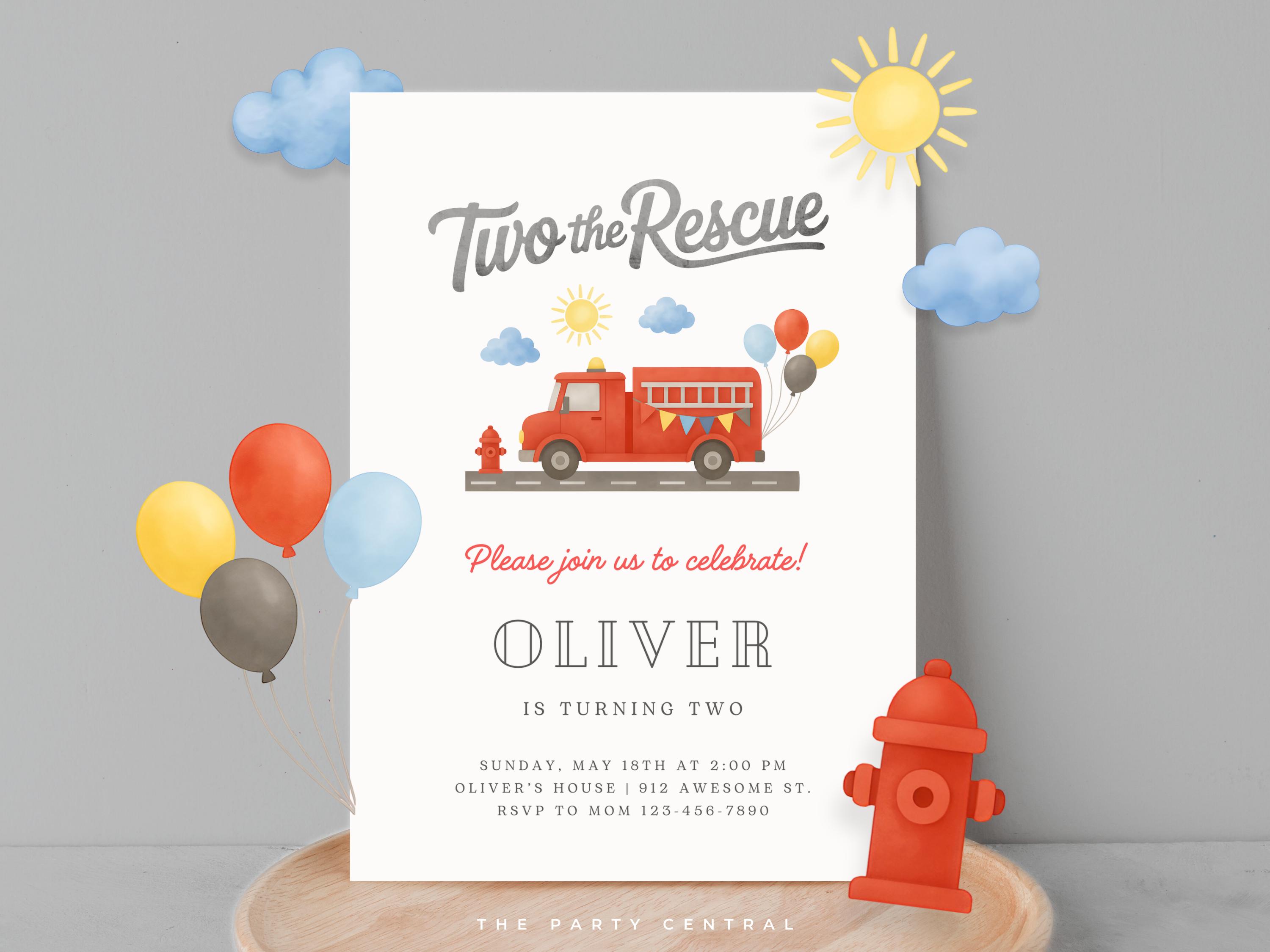 Fire Rescue Invitations Two the Rescue Firetruck Invite, Fire Truck Second Bday Invitation ...