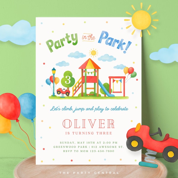 Playground Birthday Invitation Watercolor, Picnic Invite, 1st Party In The Park Evite, Printable Decor For Kids, EDITABLE Canva Template 029