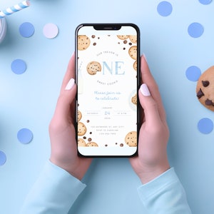BEARBEITBAR One Sweet Cookie Evite, CANVA Einladungsvorlage, Kekse und Milch Geburtstagsthema, Telefon Digital Invite, Sofort Download, 003