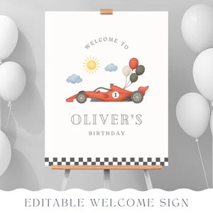 Letrero de "Primera vuelta a la pista", póster de bienvenida de cumpleaños de Fórmula 1 para niños, decoración para fiesta de 1 año, plantilla editable Canva 026