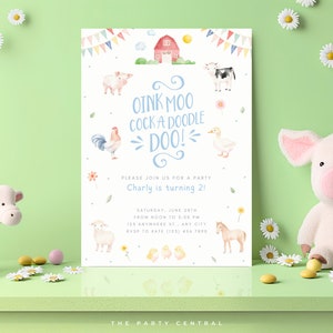 Faire-part d'anniversaire modifiable animaux de la ferme, modèle de toile, deuxième fête sur le thème de la grange, invitation moderne, téléchargement numérique instantané, 006