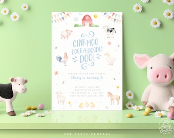 EDITABLE Farm Animal Two Birthday Invitation, Canva Template, Barn Themed Boy Girl Second Party Modern Invite, Instant Digital Download, 006