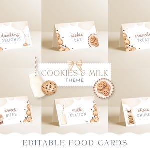 May include: Editable food cards for a cookies and milk themed party. The cards feature illustrations of cookies, milk, and text such as "dunking delights", "cookie bar", "sweet bites", "milk station", "crunchy treats", and "choco chunks".