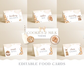 May include: Editable food cards for a cookies and milk themed party. The cards feature illustrations of cookies, milk, and text such as "dunking delights", "cookie bar", "sweet bites", "milk station", "crunchy treats", and "choco chunks".