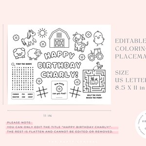 May include: Black and white printable coloring placemat featuring a farm theme with a word search, a maze, and a 'Happy Birthday Charly!' title. The placemat is 8.5 inches by 11 inches.