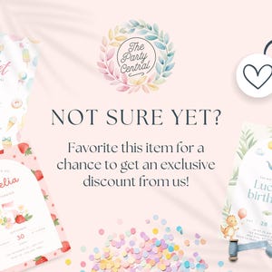 May include: Invitations for a birthday party with a sweet theme, a strawberry theme, and a dinosaur theme. The invitations have the text "A little sweet", "Amelia's 1st Birthday", and "Lucio's birthday". The Party Central logo is also visible.