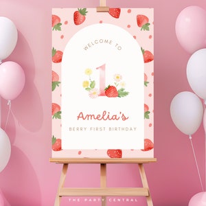 Cartello di benvenuto per il primo compleanno di Berry MODIFICABILE, modello Canva, poster di benvenuto, decorazioni per la festa del primo compleanno di fragole, download digitale, 002