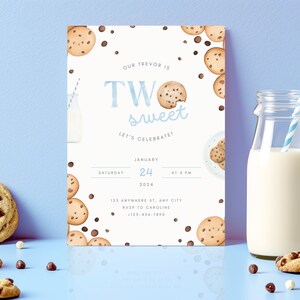 May include: A white invitation card with blue text that reads "Our Trevor is Two Sweet Let's Celebrate!" The card is decorated with chocolate chip cookies and milk. The date is January 24, 2024 at 4 PM. The address is 123 Anywhere St, Any City. RSVP to Caroline at 123-456-7890.