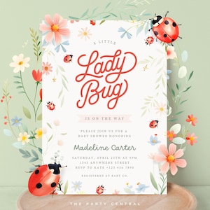 Ladybug Baby Shower Invitation, A Little Lady Bug, Printable Party Invite, Love Bug Baby Girl Theme, Digital, EDITABLE Canva Template 013