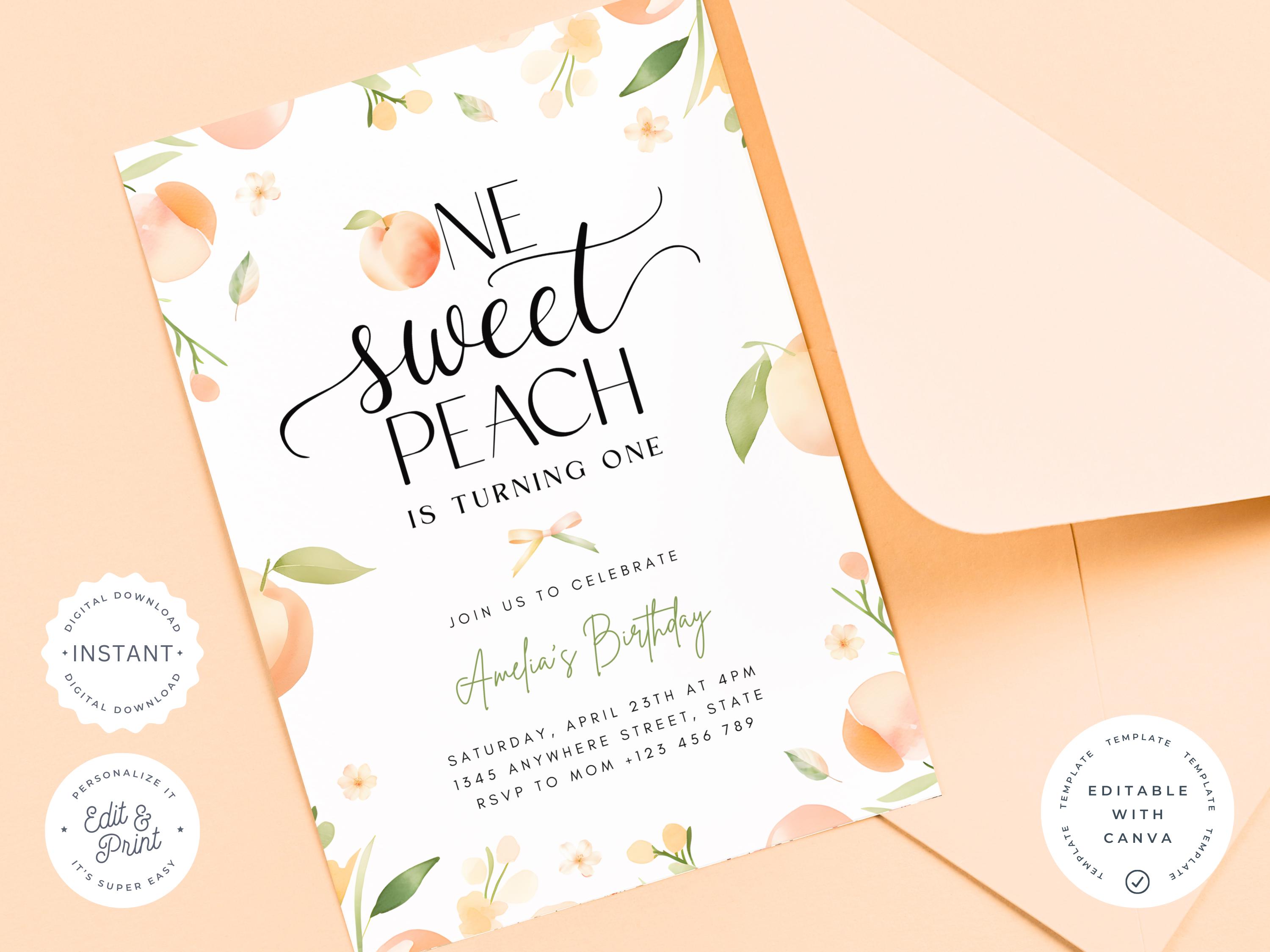 EDITABLE One Sweet Peach First Birthday Invitation Template, Sweet as A ...