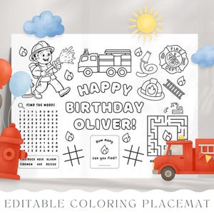 Firetruck Coloring Activity Placemat, Firefighter Coloring Page, Boy Fire Truck Birthday Party Printable Favor, EDITABLE Template Canva 025