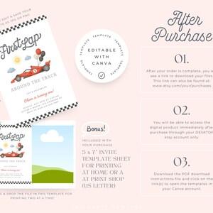 May include: A digital invitation template with a race car theme. The invitation features a red race car, balloons, and the text "First Lap Around the Track." Includes a bonus 5x7 inch invite template sheet.