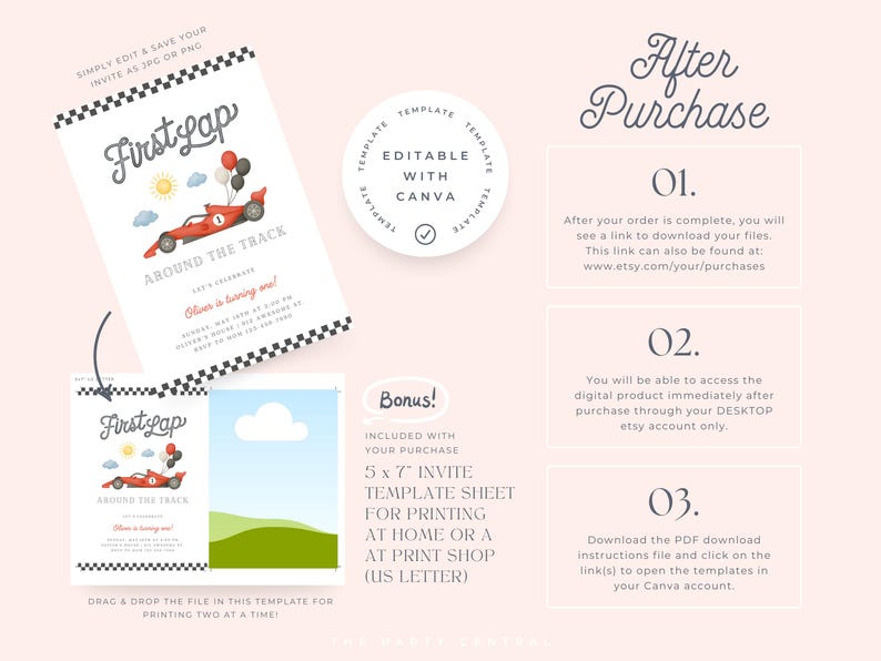 May include: A digital invitation template with a race car theme. The invitation features a red race car, balloons, and the text "First Lap Around the Track." Includes a bonus 5x7 inch invite template sheet.