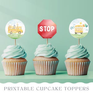 Wheels On The Bus Cupcake Topper, School Bus Cake Topper, Animals On A Bus Party Theme, Birthday Decor, Print At Home, PRINTABLE Sheet 022