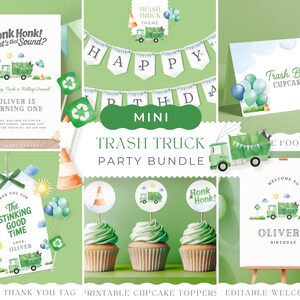 Może przedstawiać: Zestaw do druku na przyjęcie urodzinowe z motywem śmieciarki. Zestaw zawiera tabliczkę powitalną, etykietę z podziękowaniem, ozdoby na babeczki i kartę jedzenia. Projekt przedstawia zieloną śmieciarkę z uśmiechniętą buzią i zielono-białą kolorystyką.
