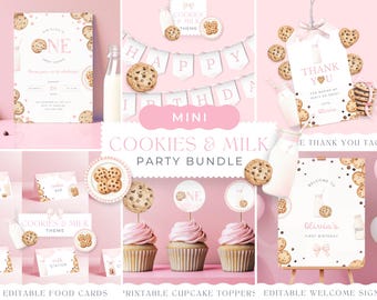 Könnte beinhalten: Ein druckbares Party-Paket für einen ersten Geburtstag mit dem Thema Kekse und Milch. Das Paket beinhaltet ein Willkommens-Schild, Speisekarten, Cupcake-Topper, ein Dankeschön-Etikett und ein Banner. Das Design ist in den Farben Rosa, Braun und Weiß gehalten und zeigt Illustrationen von Keksen und Milch.