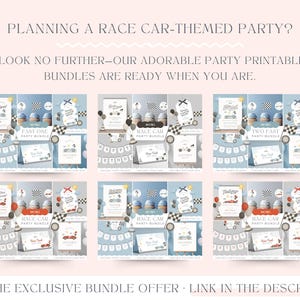 May include: A collection of race car-themed party printable bundles. Each bundle features designs with race cars, checkered flags, and the text "Fast One," "Race Car," and "Two Fast." The bundles include invitations, banners, and decorations. The text "Planning a Race Car-Themed Party?" is at the top.