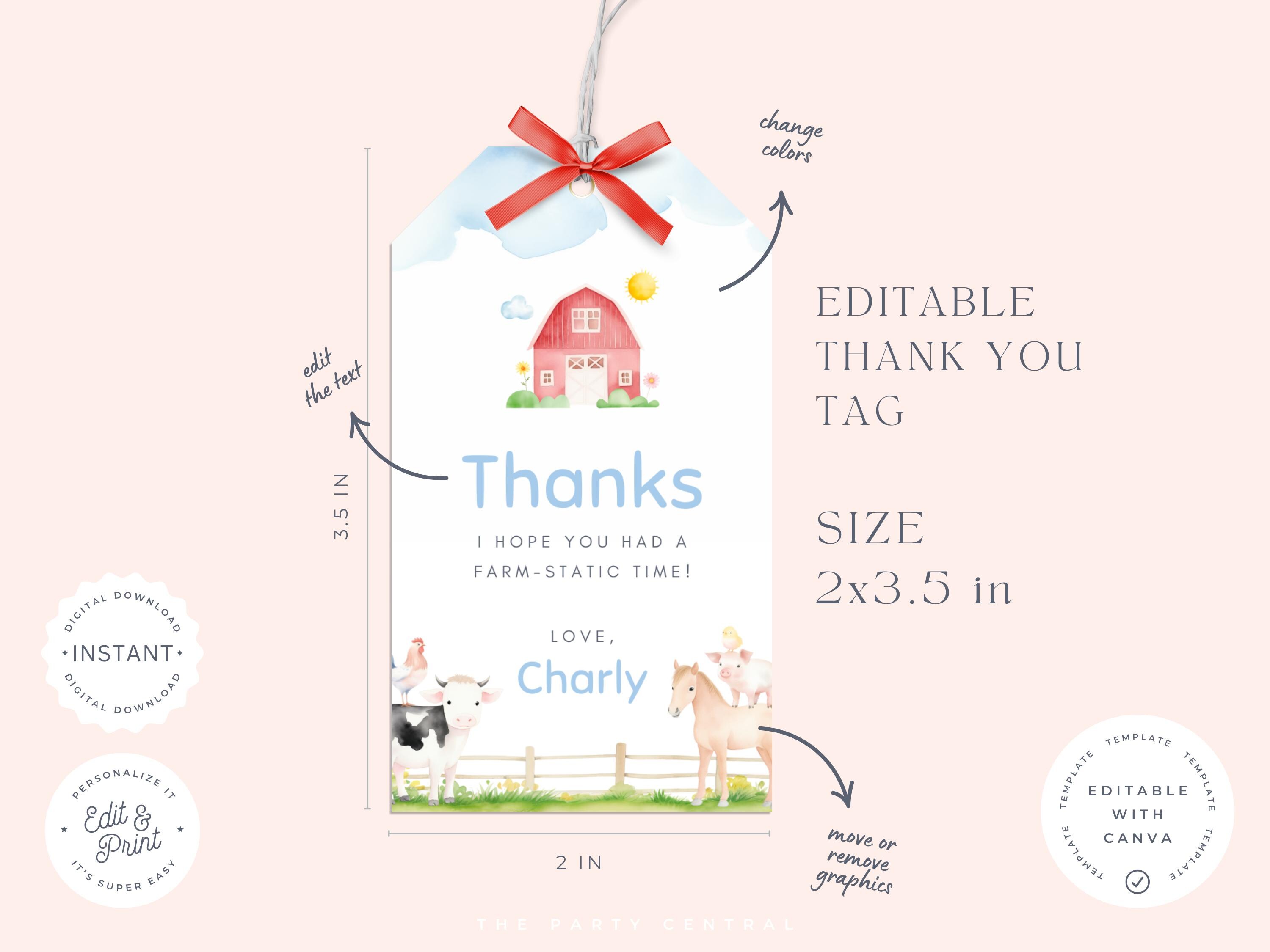 Farm Thank You Tags, Printable Birthday Party Favor Tag, Calling All ...