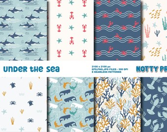 Sea Animals Digital Paper Set, Seamless Patterns (Digital Download)
