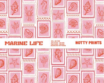 Pink Marine Life Pattern, Seashells Fabric Design (Digital File)