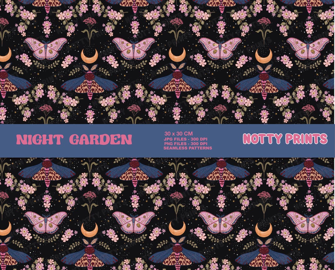 Witchy Insect Pattern Night Garden Moth Seamless Pattern, Witchy Floral Print (digital ...