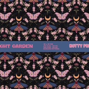 Night Garden seamless pattern , mystical moth magic witchy floral , Commercial Use digital print file instant download Sublimation