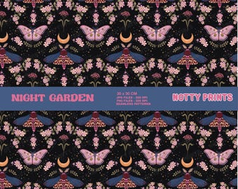 Night Garden Moth Seamless Pattern, Witchy Floral Print (Digital Download)
