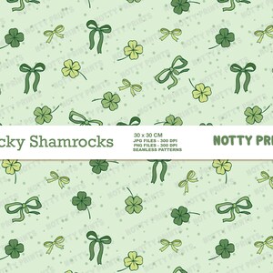 May include: A seamless pattern featuring green shamrocks and yellow bows on a light green background with white polka dots. The text "Lucky Shamrocks" and "Notty Prints" is at the top and bottom of the pattern. The pattern is 30 cm x 30 cm and is available in JPG and PNG files at 300 DPI.