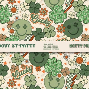 May include: A seamless pattern featuring green shamrocks, smiley faces with shamrock eyes, and the word "Lucky" in a retro font. The background is a light beige color with orange and white flowers.