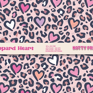 May include: A seamless pattern featuring pink, white, and orange hearts on a pink background with a dark blue leopard print. The text "Leopard Heart" and "Notty Prints" is included in the image.