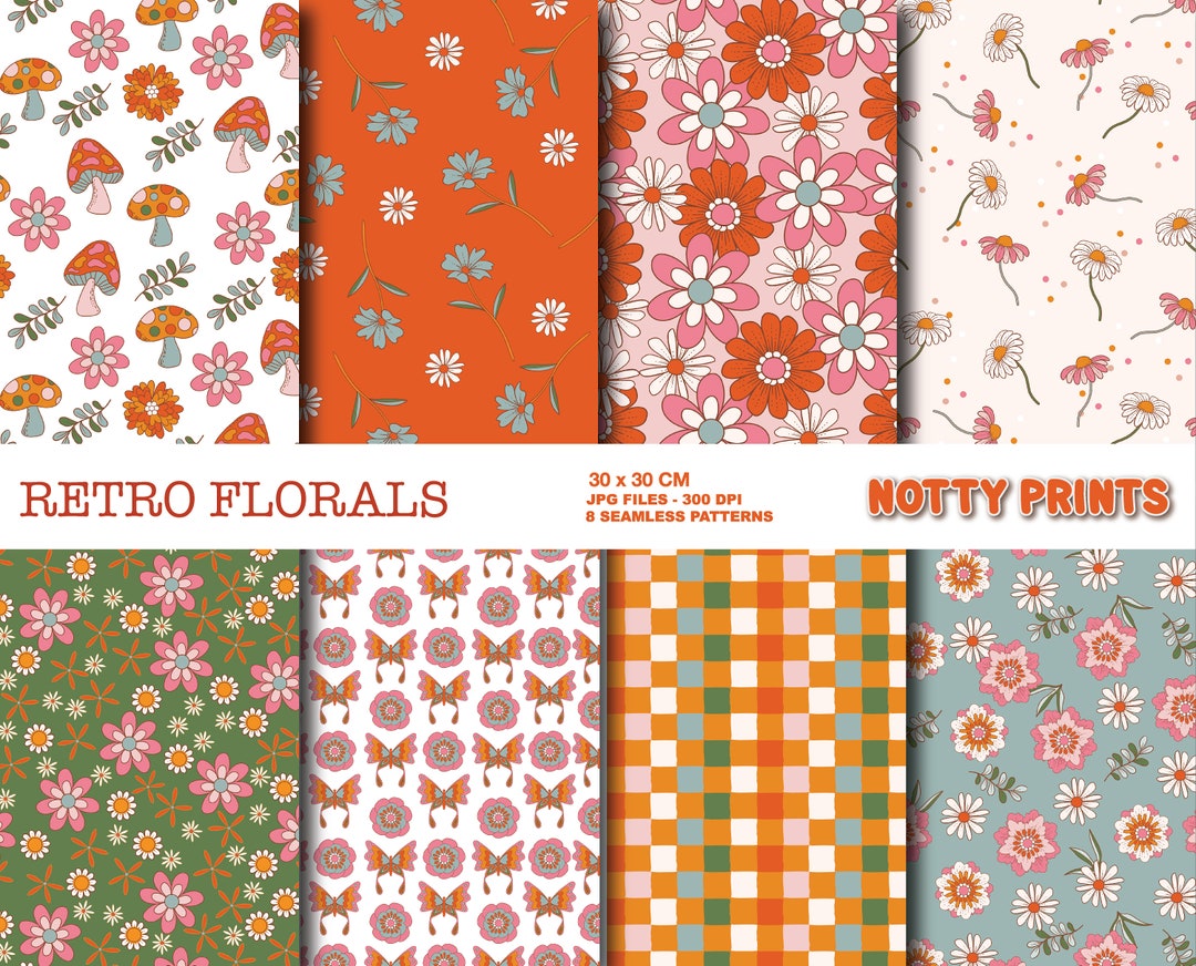 RETRO FLOWERS, Groovy Flower Pattern , Retro Floral Seamless Repeat ...