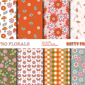 May include: Set of eight digital seamless patterns featuring retro floral designs. The patterns include mushrooms, butterflies, flowers, and gingham checks in a variety of colours, including orange, pink, green, blue, and white. The patterns are 30 cm x 30 cm and 300 DPI.