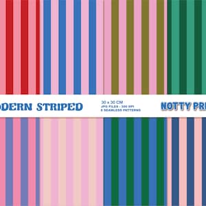 Pode incluir: Oito padrões sem costura com listras verticais em várias combinações de cores. Os padrões incluem vermelho, rosa, azul, verde e tons pastel. O texto "MODERN STRIPED" e "NOTTY PRINTS" é exibido. Cada padrão tem 30 x 30 cm.