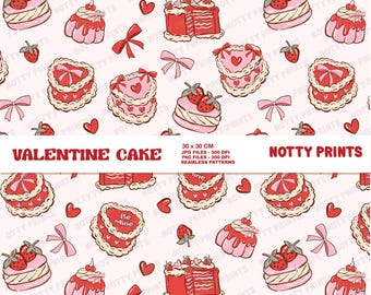 Valentines Cakes ,Love Valentine Day , Seamless Pattern  Seamless Pattern Digital File ,Pink and Red Dessert pattern , Commercial Use