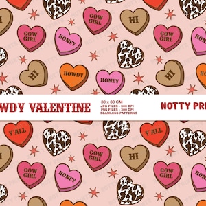 May include: A repeating pattern of Valentine's Day conversation hearts and cow print hearts on a light pink background. The hearts have phrases like "HI", "HONEY", and "COW GIRL". Small red stars are scattered throughout the design.
