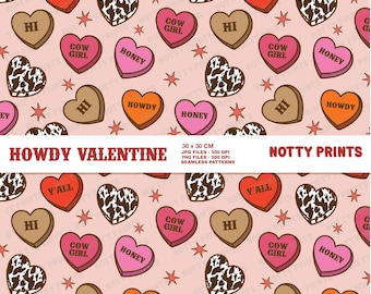 Western Howdy Candy Heart Cowgirl Pattern , Valentine mood Seamless Repeat Pattern , Fabric Sublimation Digital Pattern for Commercial Use