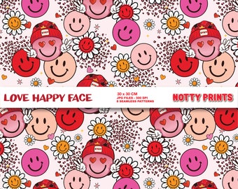 Retro Valentine's Day Seamless Pattern, Groovy Smile Face, Leopard Print (Digital Download)
